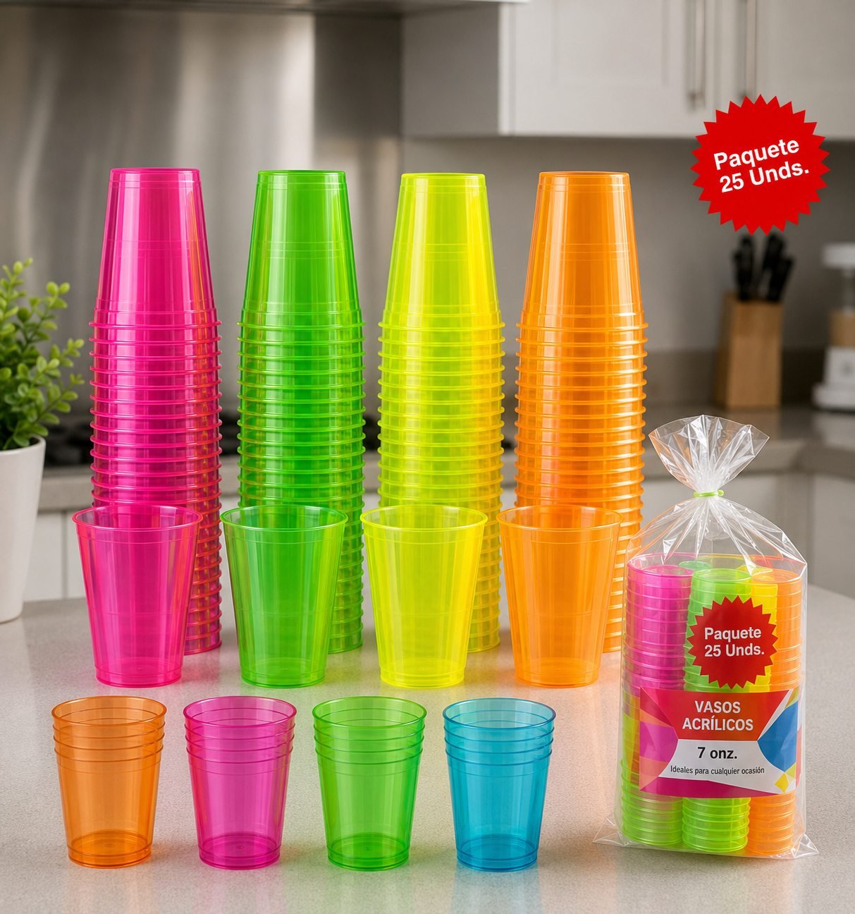 Vasos acrílicos de colores en presentación de 25 unidades